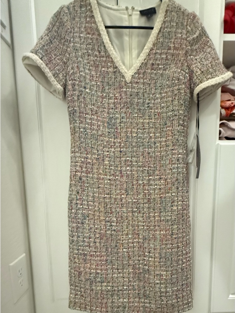 Carlisle Multicolor Tweed V-Neck Mini Dress in Cream Trim
